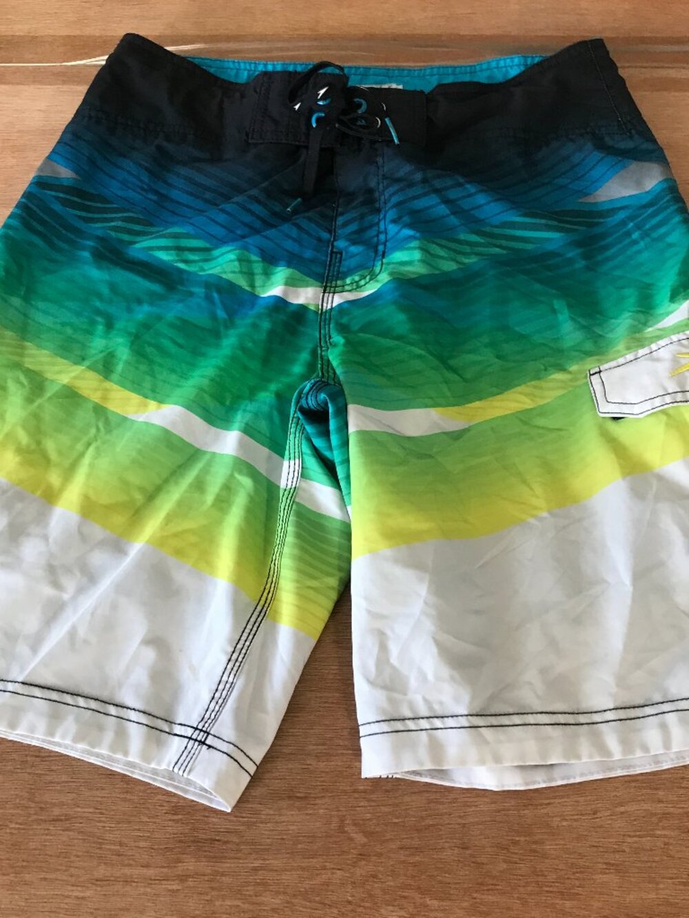 Speedo Board Swim Shorts Men 30 Blue Striped Cargo Pocket Tie Waist Beach 19952